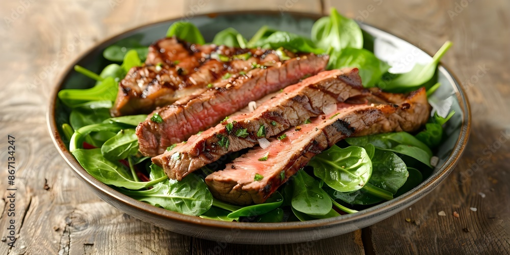 Grilled steak with mixed greens on a ceramic plate ideal for Paleo diet. Concept Grilled Steak Recipe, Mixed Greens Salad, Ceramic Plate Presentation, Paleo Diet Friendly, Grilled steak with mixed greens on a ceramic plate ideal for Paleo diet. Concept Grilled Steak Recipe, Mixed Greens Salad, Ceramic Plate Presentation, Paleo Diet Friendly,