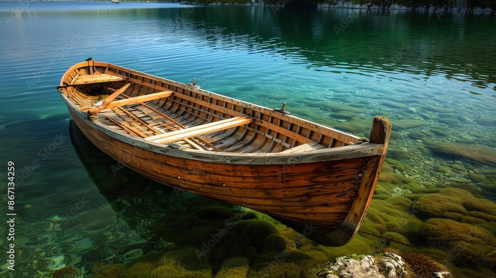 A wooden boat rests on the shore of a calm lake. A wooden boat rests on the shore of a calm lake.