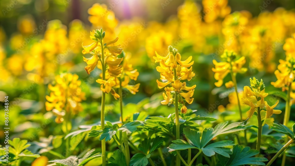 Macro close-up of delicate purple flower's reproductive organs, showcasing bright yellow anthers surrounding stigma, set against soft green foliage background.