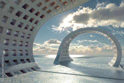 Modern architectural structure with curved shapes framing a view of the sea and sky. Concept of modern architecture, design, and minimalist art. © chesleatsz
