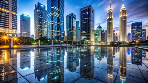 Modern urban skyscrapers with vibrant lights reflecting off polished marble floor at bustling business district evening scene. photo