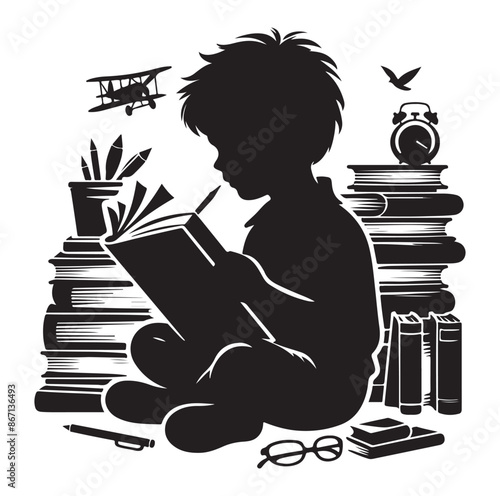 Vector a child boy  girl reading book reading book silhouette Vector