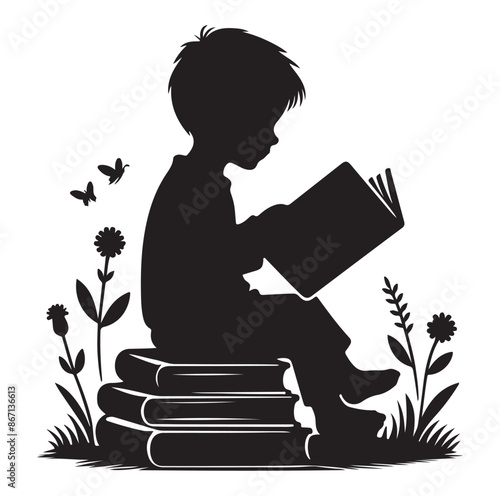 Vector a child boy  girl reading book reading book silhouette Vector