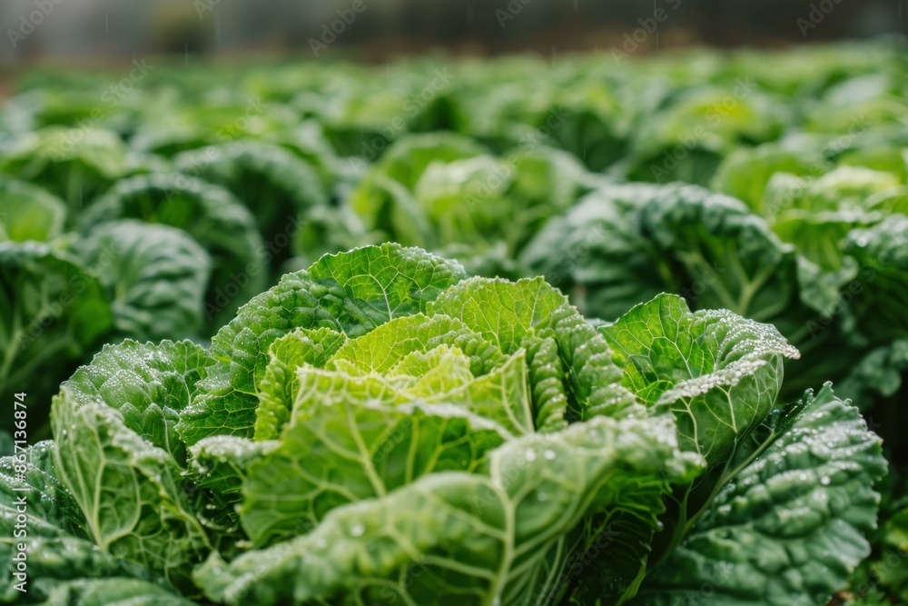 Fresh green napa cabbage is growing on a farm field, its leaves covered with water drops Fresh green napa cabbage is growing on a farm field, its leaves covered with water drops