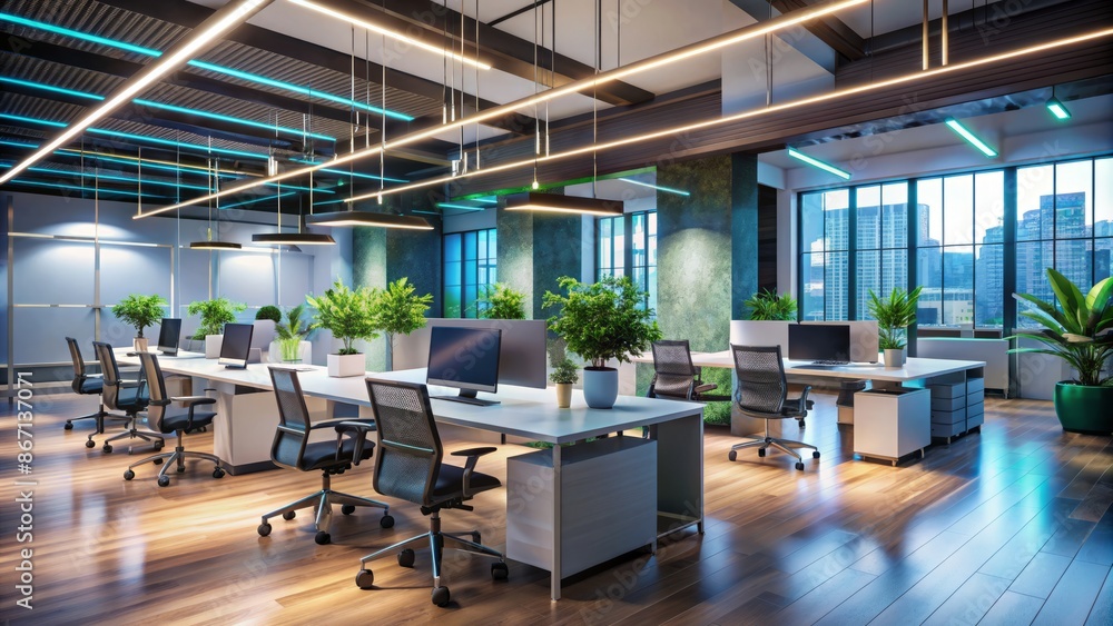 Modern minimalist open-concept office space with sleek desks, ergonomic chairs, and neon-lit walls, exuding creativity and innovative energy. Modern minimalist open-concept office space with sleek desks, ergonomic chairs, and neon-lit walls, exuding creativity and innovative energy.