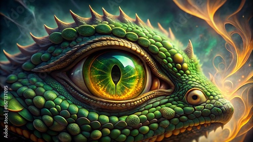 Vibrant green reptilian dragon eye with golden scales, sharp pupils, and wisps of smoke surrounding its piercing gaze saja photo
