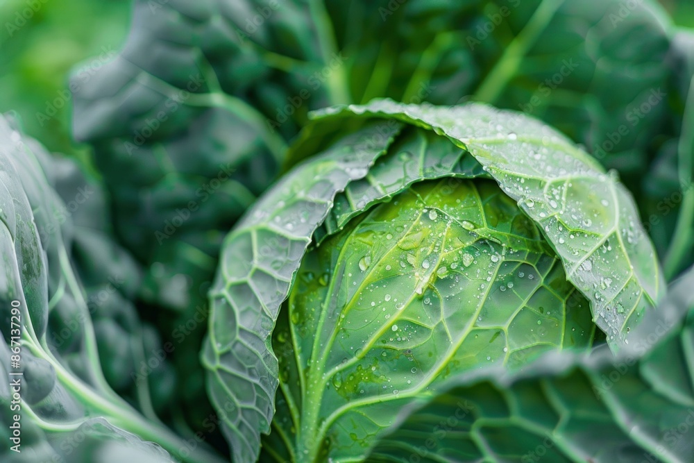 Green cabbage with water drops growing in the farm field Green cabbage with water drops growing in the farm field