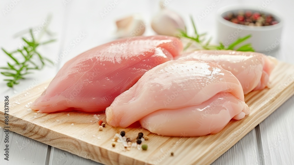 Uncooked chicken fillets and whole raw chicken, placed on a wooden cutting board, detailed texture, kitchen ambiance, clean and vibrant Uncooked chicken fillets and whole raw chicken, placed on a wooden cutting board, detailed texture, kitchen ambiance, clean and vibrant