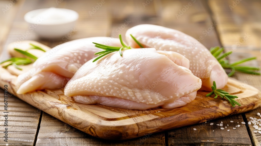 Uncooked chicken fillets and whole raw chicken, placed on a wooden cutting board, detailed texture, kitchen ambiance, clean and vibrant Uncooked chicken fillets and whole raw chicken, placed on a wooden cutting board, detailed texture, kitchen ambiance, clean and vibrant