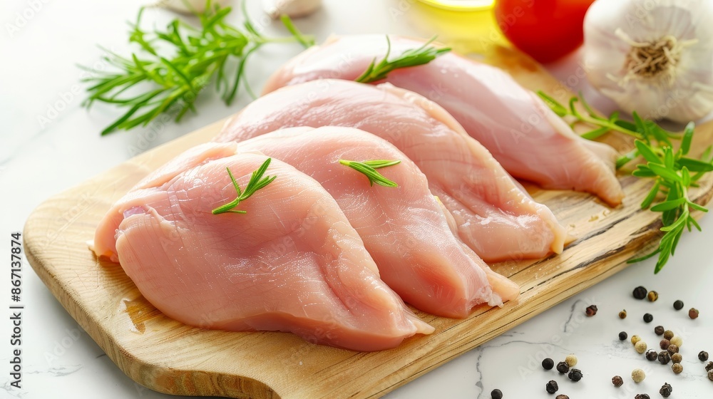 Uncooked chicken fillets on a wooden board, detailed texture, whole raw chicken beside, kitchen setting, vibrant colors, fresh and clean Uncooked chicken fillets on a wooden board, detailed texture, whole raw chicken beside, kitchen setting, vibrant colors, fresh and clean