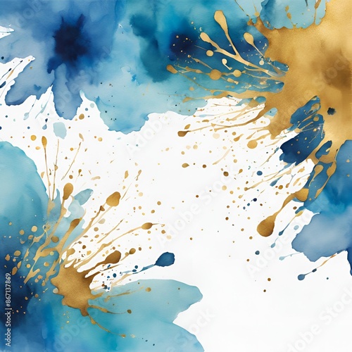 Blue Watercolor Border with Large Golden Splashes
 photo