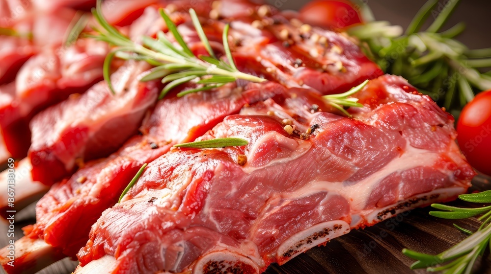 Uncooked ribs displayed elegantly, bright background, detailed textures, fresh and appetizing, clear and inviting presentation Uncooked ribs displayed elegantly, bright background, detailed textures, fresh and appetizing, clear and inviting presentation