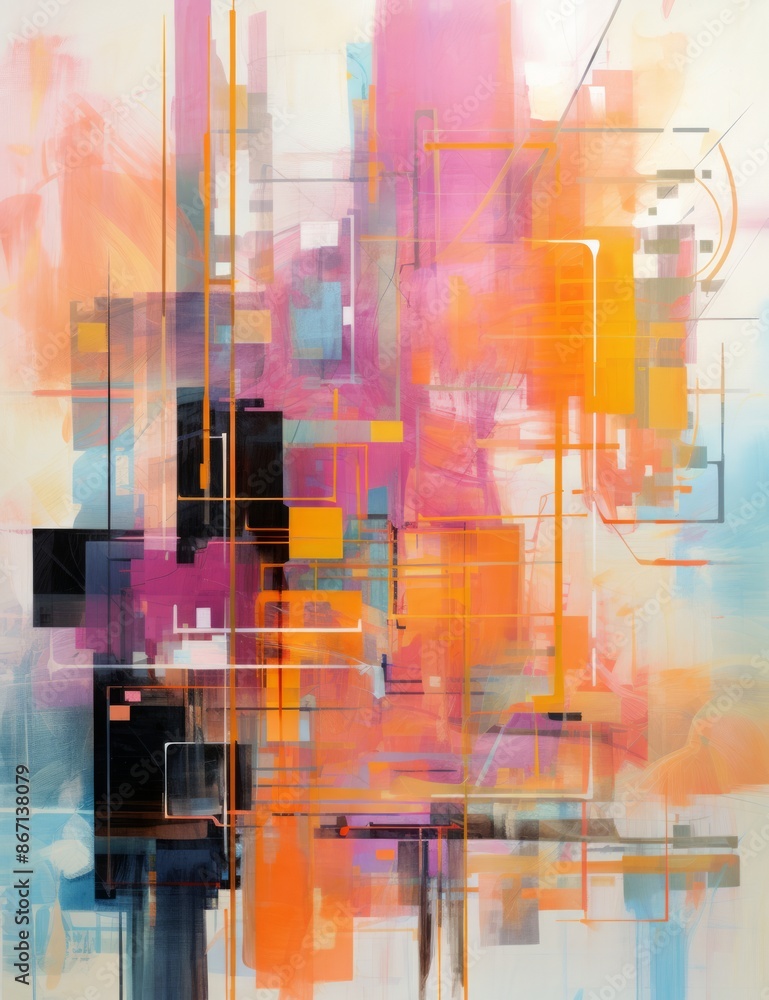 Naklejka premium Technicolor Dream Abstract Circuitry in Yellow and Pink.jpeg