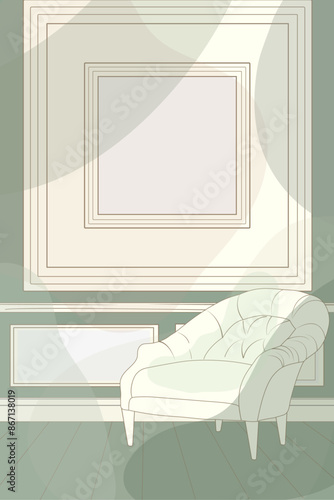 living room interior with green doodle minimal Boho style. Vector illustration.