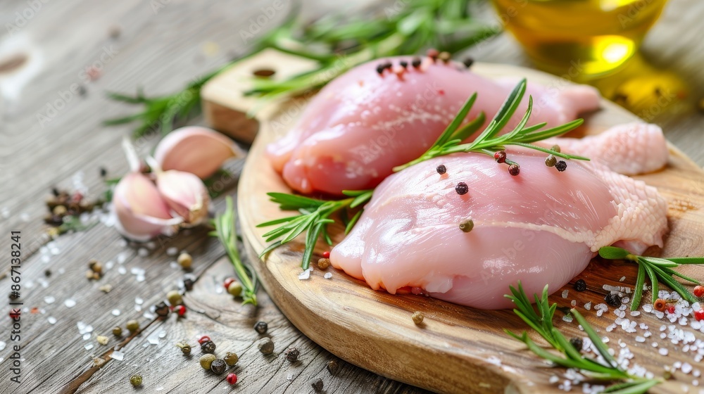 Whole raw chicken and uncooked fillets on a marble countertop, detailed skin and meat, kitchen background, fresh and natural Whole raw chicken and uncooked fillets on a marble countertop, detailed skin and meat, kitchen background, fresh and natural