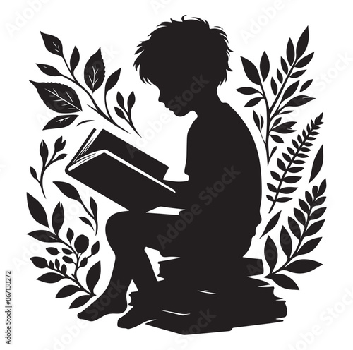 Vector a child boy  girl reading book reading book silhouette Vector