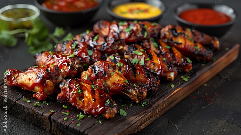BBQ chicken wings with a spicy rub, presented on a dark wooden board with dipping sauces BBQ chicken wings with a spicy rub, presented on a dark wooden board with dipping sauces