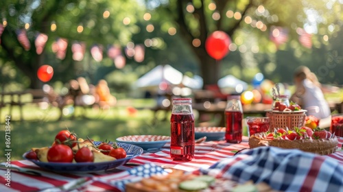 Family BBQ in a park, picnic table with patriotic decorations, delicious food, celebrating the Fourth of July, lively and joyful atmosphere, photography