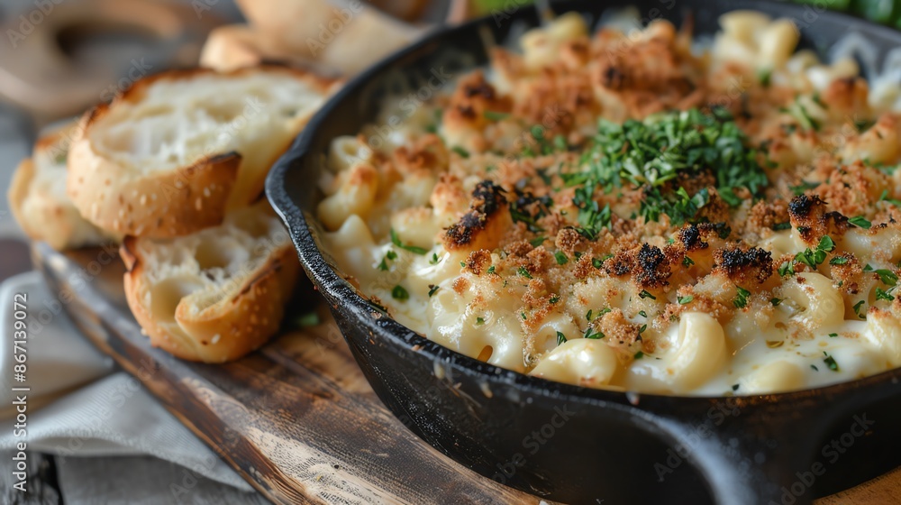 Classic mac and cheese with a golden, crispy breadcrumb topping, served in a cast iron skillet with a side of garlic bread Classic mac and cheese with a golden, crispy breadcrumb topping, served in a cast iron skillet with a side of garlic bread