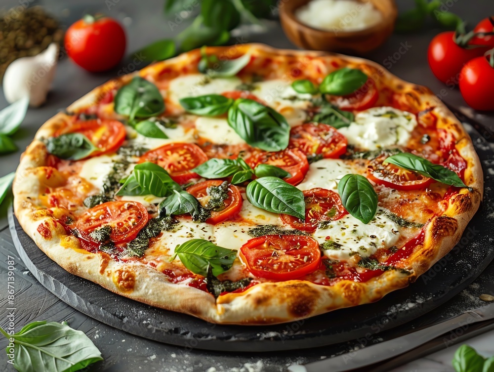 Classic Margherita pizza with fresh basil, buffalo mozzarella, and ripe tomatoes, served on a stone plate in a cozy Italian restaurant Classic Margherita pizza with fresh basil, buffalo mozzarella, and ripe tomatoes, served on a stone plate in a cozy Italian restaurant