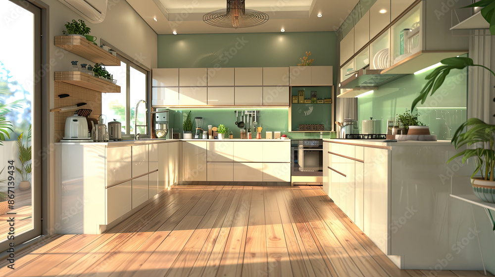 Fototapeta premium Enter a modern Zen-inspired kitchen, with bamboo floors, minimalist white cabinets, and serene green accents. Calm and harmonious.