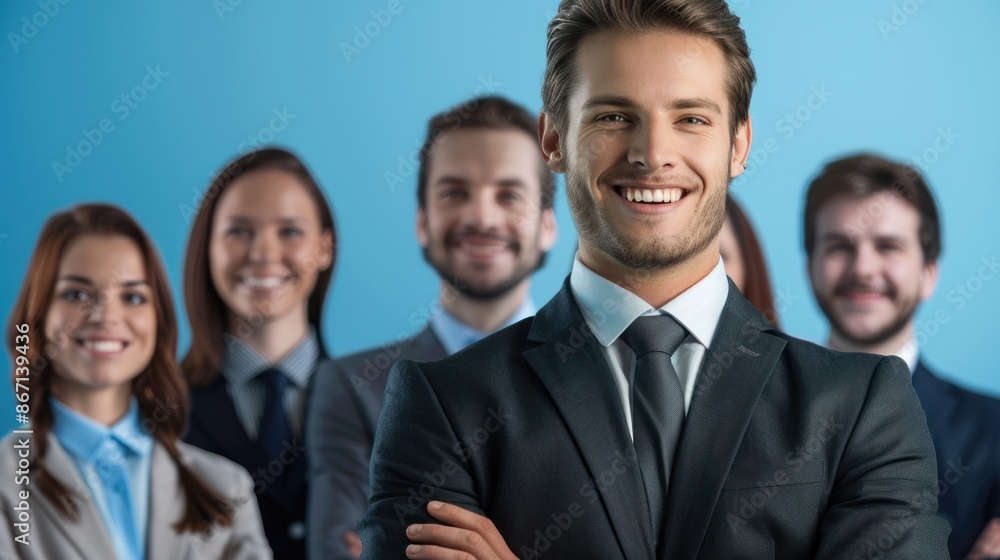 Group of businessmen happy with success with group of professional workers on blue background Group of businessmen happy with success with group of professional workers on blue background
