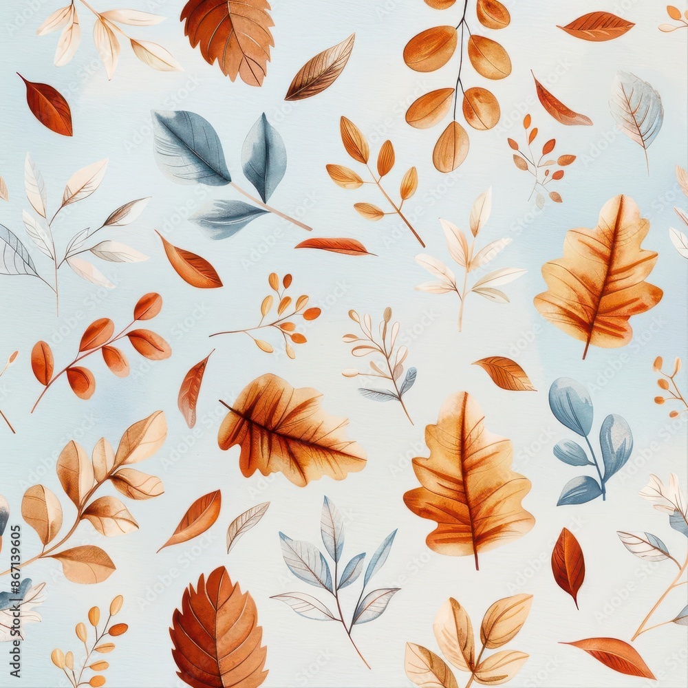 Fototapeta premium Watercolor Autumn Leaves Pattern on Blue Background