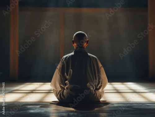 Meditative Monk in Traditional Robe Sitting in Sunlit Room Practicing Mindfulness and Inner Peace © TPS Studio