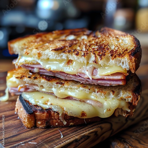 Grilled ham and cheese sandwich with smoked ham, melted Swiss, and a crispy golden crust, presented in a cozy kitchen setting
