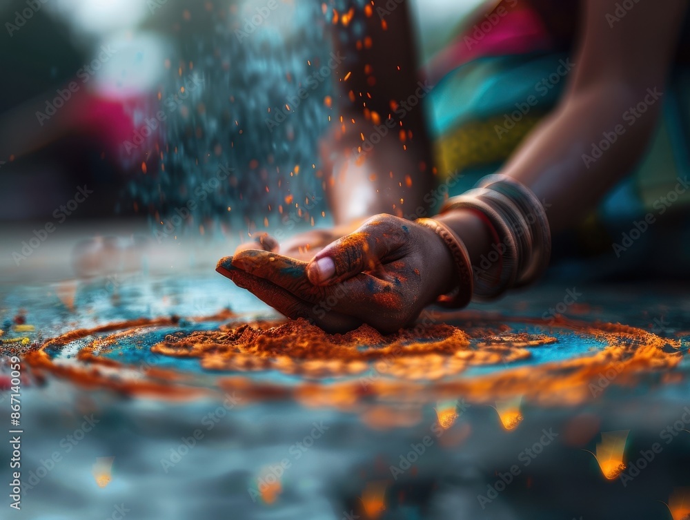 Close-up of Hands Creating Colorful Rangoli Design with Vibrant Powders During Traditional Indian Festival Close-up of Hands Creating Colorful Rangoli Design with Vibrant Powders During Traditional Indian Festival
