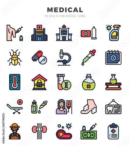 Collection of MEDICAL 25 Lineal Color Icons Pack.