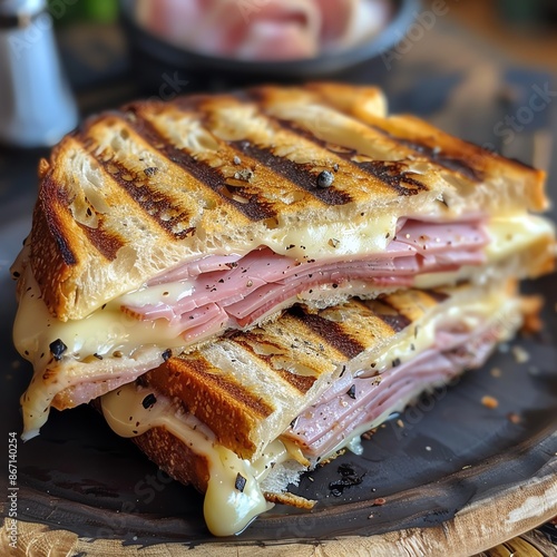 Ham and cheese panini with dijon mustard, smoked ham, and provolone, pressed to perfection with grill marks