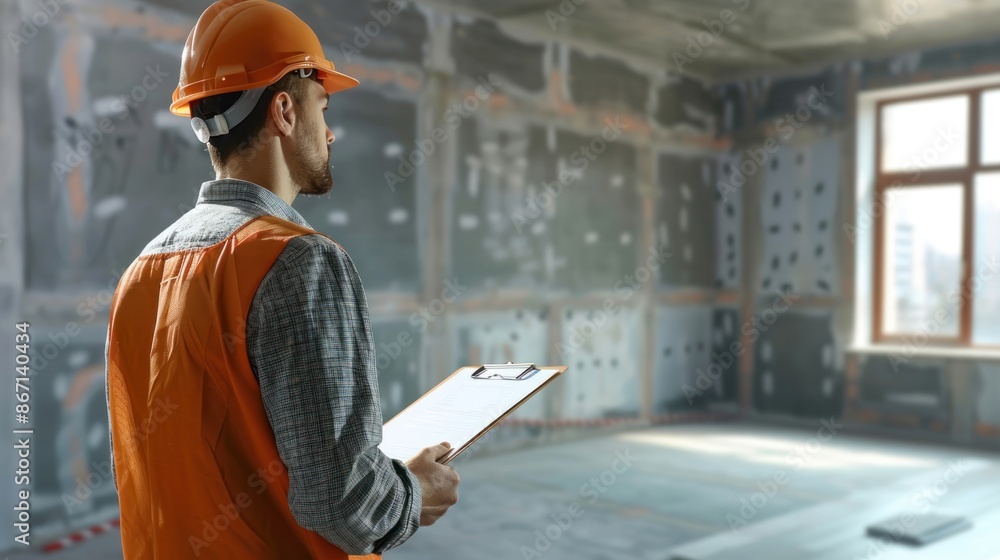 A male engineer or construction worker in a helmet stands smiling with a blueprint over an empty room. A male engineer or construction worker in a helmet stands smiling with a blueprint over an empty room.