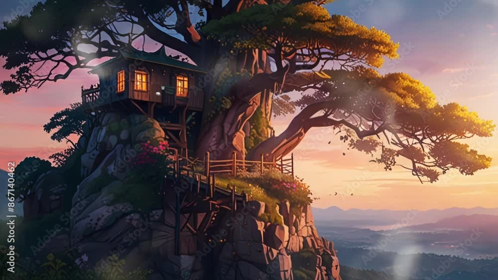 Wooden house on a hill in sunset atmosphere, in a smooth looping background with animated 4K video 