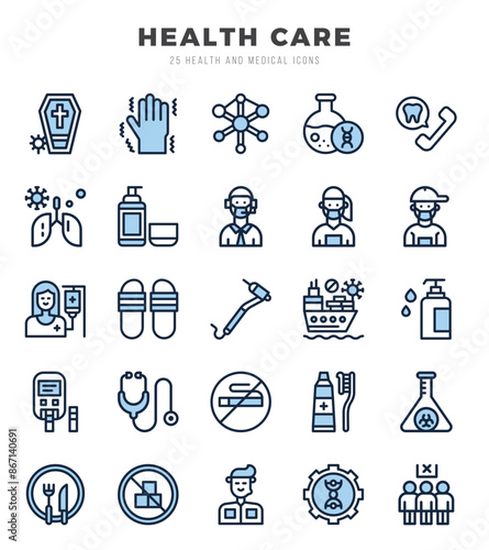 Vector icons set of HEALTH CARE. Two Color style Icons.