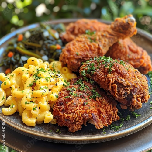 Southern fried chicken with a crispy coating, served with mac and cheese and collard greens