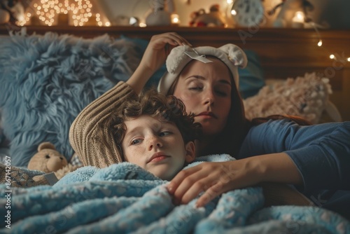 A comforting scene in a cozy bedroom where a young child rests on a bed under a soft blanket, surrounded by stuffed animals, while their mother sits beside them. The mother gently places a cool cloth