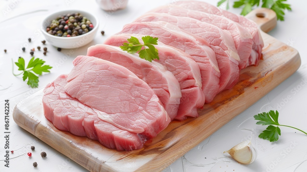 Raw pork loin sliced and ready for preparation, detailed texture and marbling, clean cutting board, fresh and appealing Raw pork loin sliced and ready for preparation, detailed texture and marbling, clean cutting board, fresh and appealing