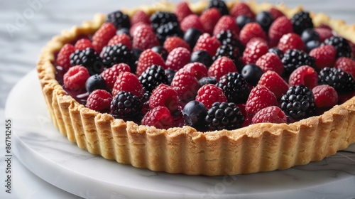 An enticing tart that showcases the natural beauty of foraged fruits with a mix of vibrant raspberries blackberries and blueberries cascading over a flaky crust.