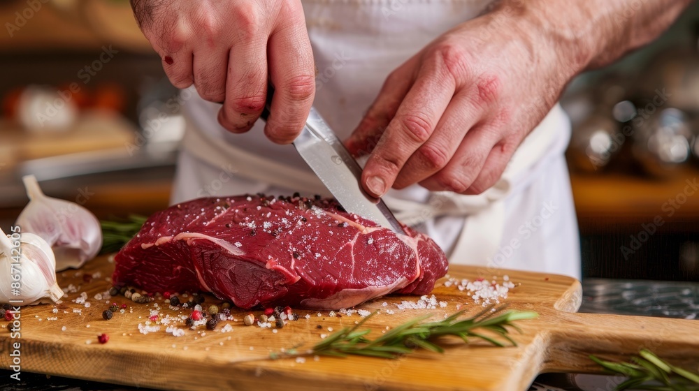 Raw top sirloin and cap rump steak, wooden cutting board, detailed textures, chef's hands seasoning, preparing meat in cozy kitchen