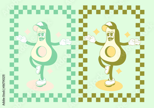 A groovy cartoon avocado mascot meditates in a yoga pose wearing a chill hat.
