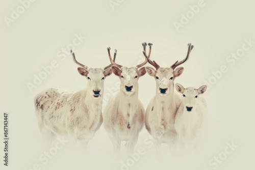 Four white reindeers standing together in snowy wilderness scene photo