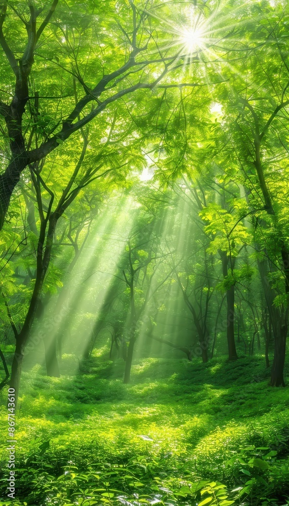Sunlight streaming through lush green forest trees, casting rays of light onto the vibrant greenery below, creating a serene and peaceful scene. Sunlight streaming through lush green forest trees, casting rays of light onto the vibrant greenery below, creating a serene and peaceful scene.