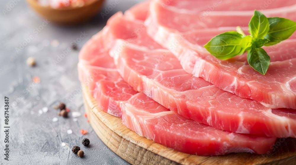 Sliced raw pork loin, detailed texture, ready for cooking, fresh and appealing, clean cutting surface Sliced raw pork loin, detailed texture, ready for cooking, fresh and appealing, clean cutting surface