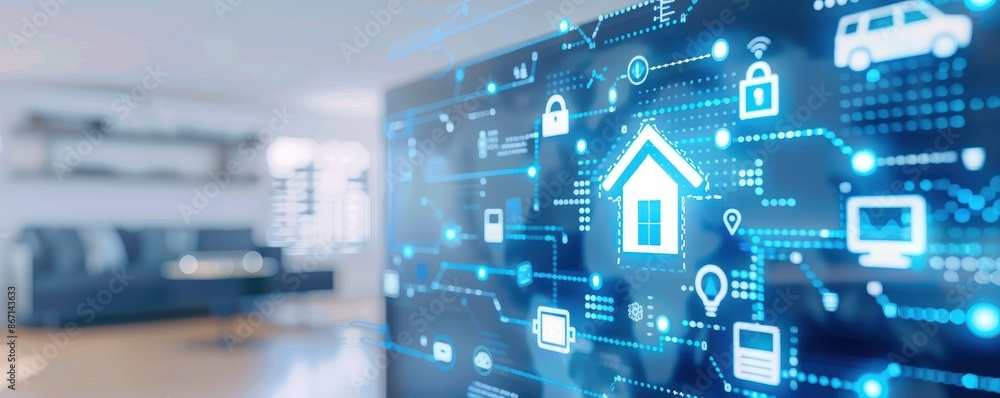 Smart home interface with futuristic digital icons and a cozy living room in the background, illustrating modern connected technology. Smart home interface with futuristic digital icons and a cozy living room in the background, illustrating modern connected technology.