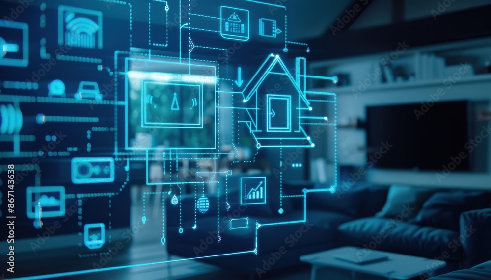 Smart home interface concept with digital icons overlaying a modern living room, illustrating home automation technology and connectivity.