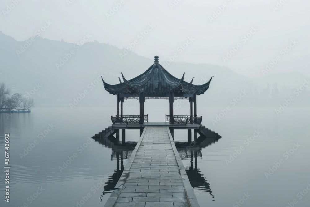 Traditional Chinese pavilion on serene lake with misty mountains Traditional Chinese pavilion on serene lake with misty mountains