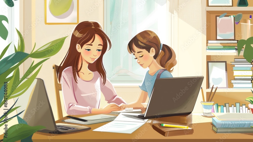 A young mother and her little daughter do homework in the living room at their home. A young mother and her little daughter do homework in the living room at their home.