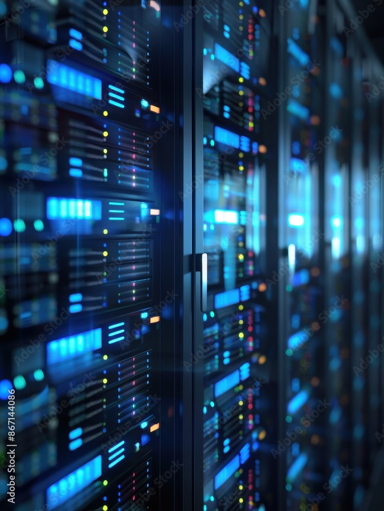 Modern data center with rows of network servers and blue LED lights, highlighting cloud computing and information technology infrastructure. Modern data center with rows of network servers and blue LED lights, highlighting cloud computing and information technology infrastructure.