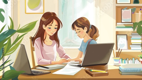 A young mother and her little daughter do homework in the living room at their home.